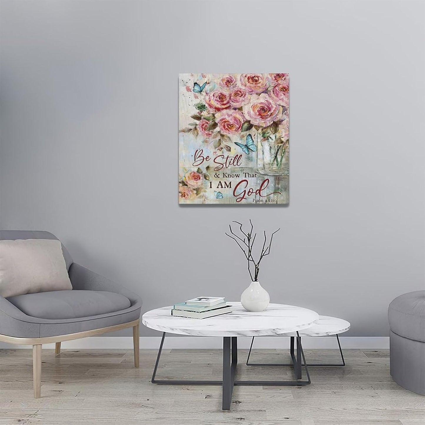 Farmhouse Rose Wall Art Christian Scripture Pictures Pink Rose Wall Decor Rustic Floral Butterfly Canvas Print Painting Artwork for Bathroom Living Room Bedroom 20"x24"