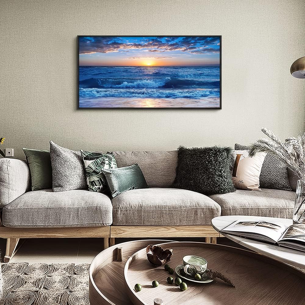 Sea Beach Framed Canvas Wall Art For Living Room Wall Decor For Bedroom Home Decor Blue Ocean Canvas Pictures Artwork Sunny Sea View Wave Painting Office Wall Decorations Black Framed 20" X 40"