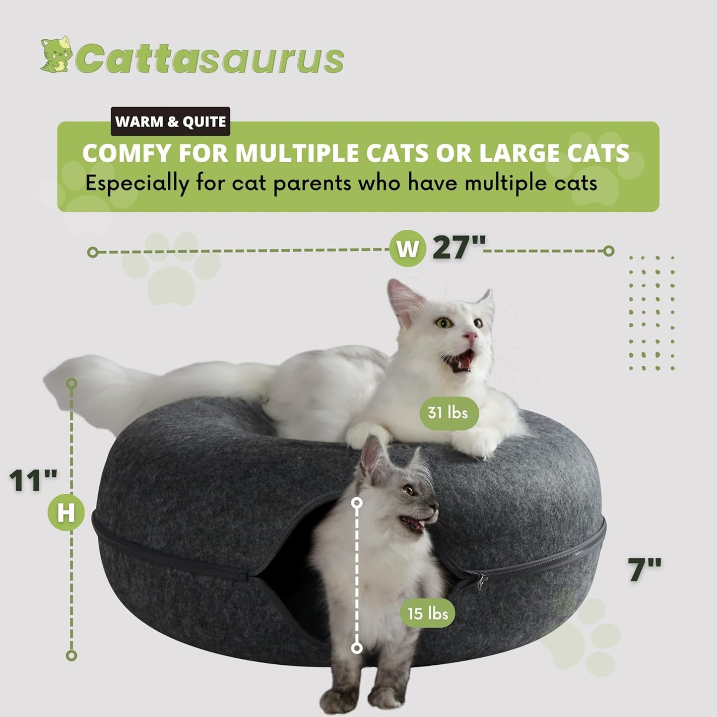 Cattasaurus Peekaboo Cat Cave, Extra Spacious for Multiple & Large Cats 12+ lbs, Scratch Detachable Beds for Indoor Cats, Washable Tunnel Bed, Comfy Cat Donut Tunnel (Light Gray+Dark Gray, Jumbo)