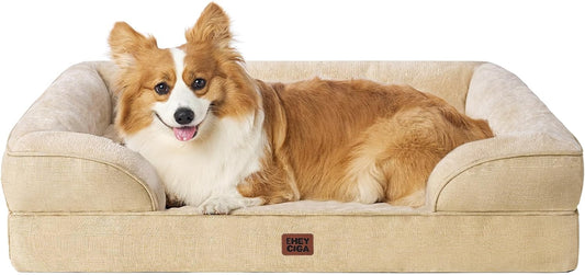 EHEYCIGA Orthopedic Dog Beds for Large Dogs, Waterproof Memory Foam Large Pet Bed with Sides, Non-Slip Bottom and Egg-Crate Foam Dog Couch Bed with Washable Removable Cover, Greige