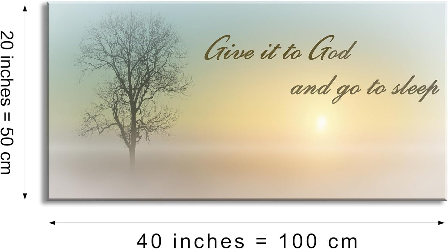 Lasdel Canvas Wall Art of Misty Sunset & Tree Plant Picture For Bedroom Home Above Bed, White Country Wood Sign For Bathroom, Give It To God & Go to Sleep Artwork Decor, Inner Frame 20x40 Inches