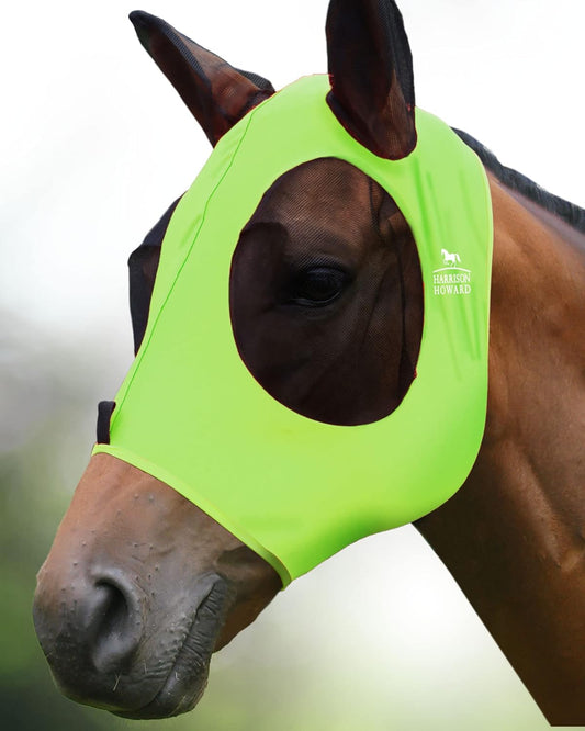 Harrison Howard Super Comfort Stretchy Fly Mask Large Eye Space with UV Protection Soft on Skin with Breathability Fluro Lime M Cob