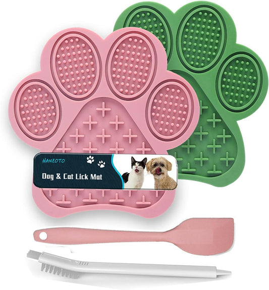 2-Pack Premium Lick Mats for Dogs & Cats | Slow Feeder mat with Suction Cups | Bathing, Grooming & Nail Trimming Aid | Food-Grade Non-Toxic Silicone (Pink & Green)