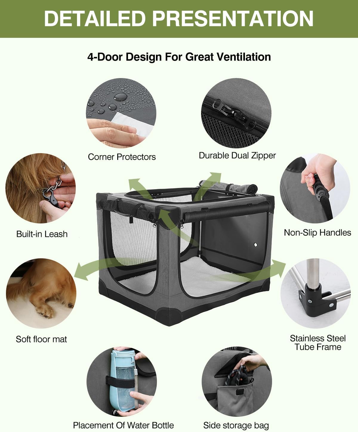 42-Inch Collapsible Travel Dog Crate, Portable 4-Door Soft Kennel for Medium to Large Dogs, Durable Mesh Windows, Indoor/Outdoor Use, Foldable, with Storage Bag (Grey)