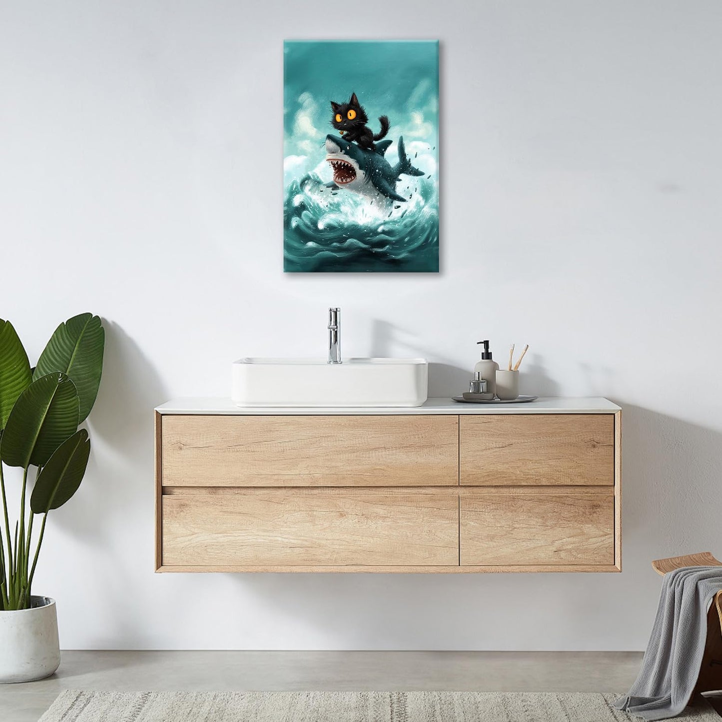 Funny Black Cat Bathroom Wall Art Cute Cat Riding Shark Canvas Wall Decor Animal Kitten Pictures Painting Print Artwork Framed Decorations Gifts for Cat Lover Kids Room Bedroom 16"x24"