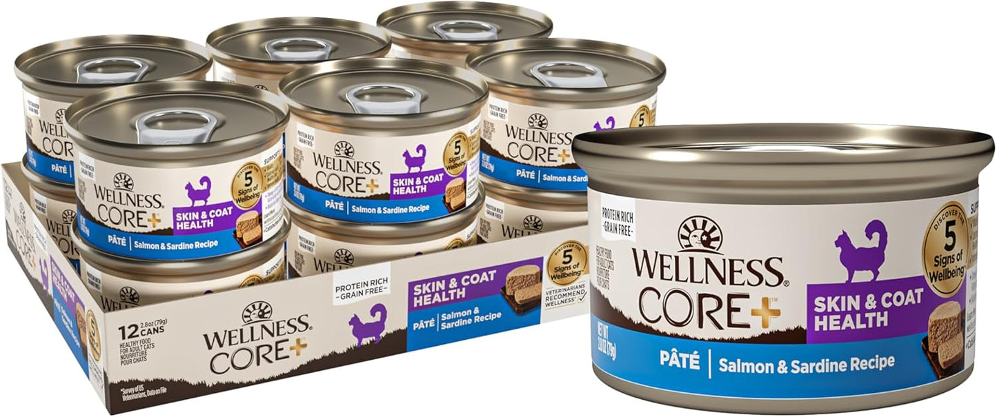 Wellness CORE+ Skin & Coat Pate Adult Wet Cat Food, Natural, Protein-Rich, Grain Free, 2.8 Ounce, 12 Pack (Salmon & Sardine)
