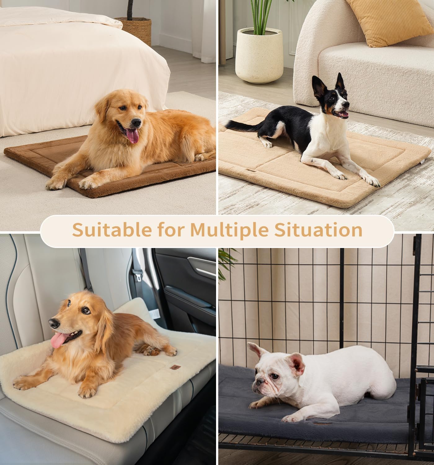 Made4Pets Dog Crate Pad Bed for Medium Dogs, Washable & Reversible, Anti-Slip Kennel Mat for Cozy Sleeping, Soft Fluffy Dog Bed for Indoor & Outdoor Use, 29"x21", Khaki