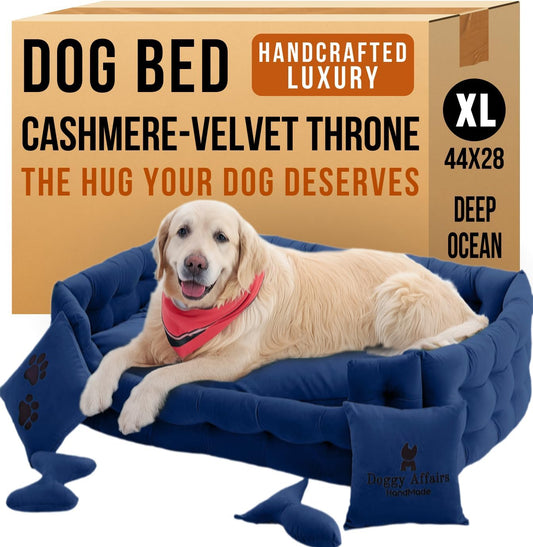 Luxury Dog Bed Chesterfield – Handcrafted Velvet Throne for Dogs | Joint Support, Calming & Temp-Regulating Comfort | Durable 5+ Years, Anti-Claw, Washable 100+ Times – XL, Blue