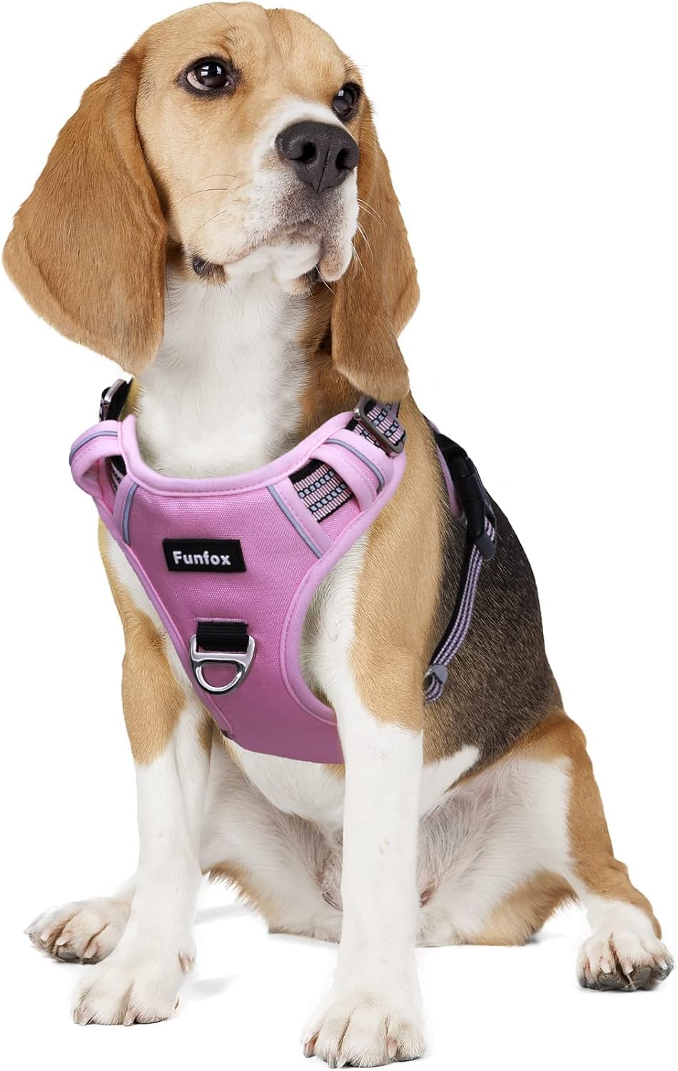 Funfox Dog Harness No Pull, Adjustable Pet Vest Harness, Super Soft Material with Vertical Handle Easy Control, Reflective Night Walking, 2 Leash Clips for Medium Sized Dogs, Pink, M