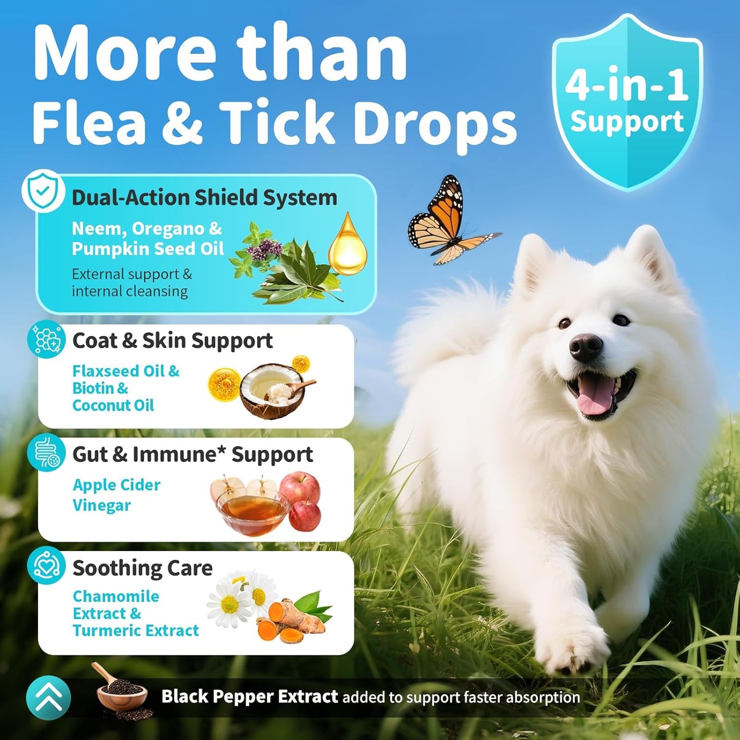 Flea & Tick Drops for Dogs – Natural Prevention with Neem, Oregano & Pumpkin Seed Oil – Liquid Supplement, Beef Flavor, 2 FL Oz, Long-Lasting Protection for All Breeds & Sizes
