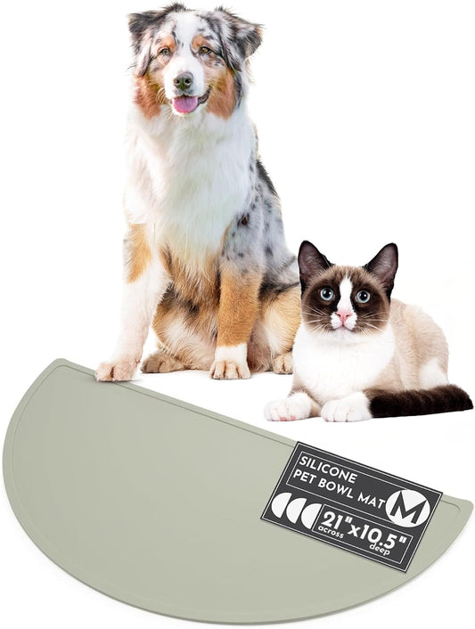 Waterproof Silicone Pet Food Mat - Non-Slip, Spill-Proof Feeding Mats for Floors, Raised Edge Design, Easy-to-Clean Mat for Dog & Cat Bowls, 21" Across x 10.5" Deep, Medium-Sage Green