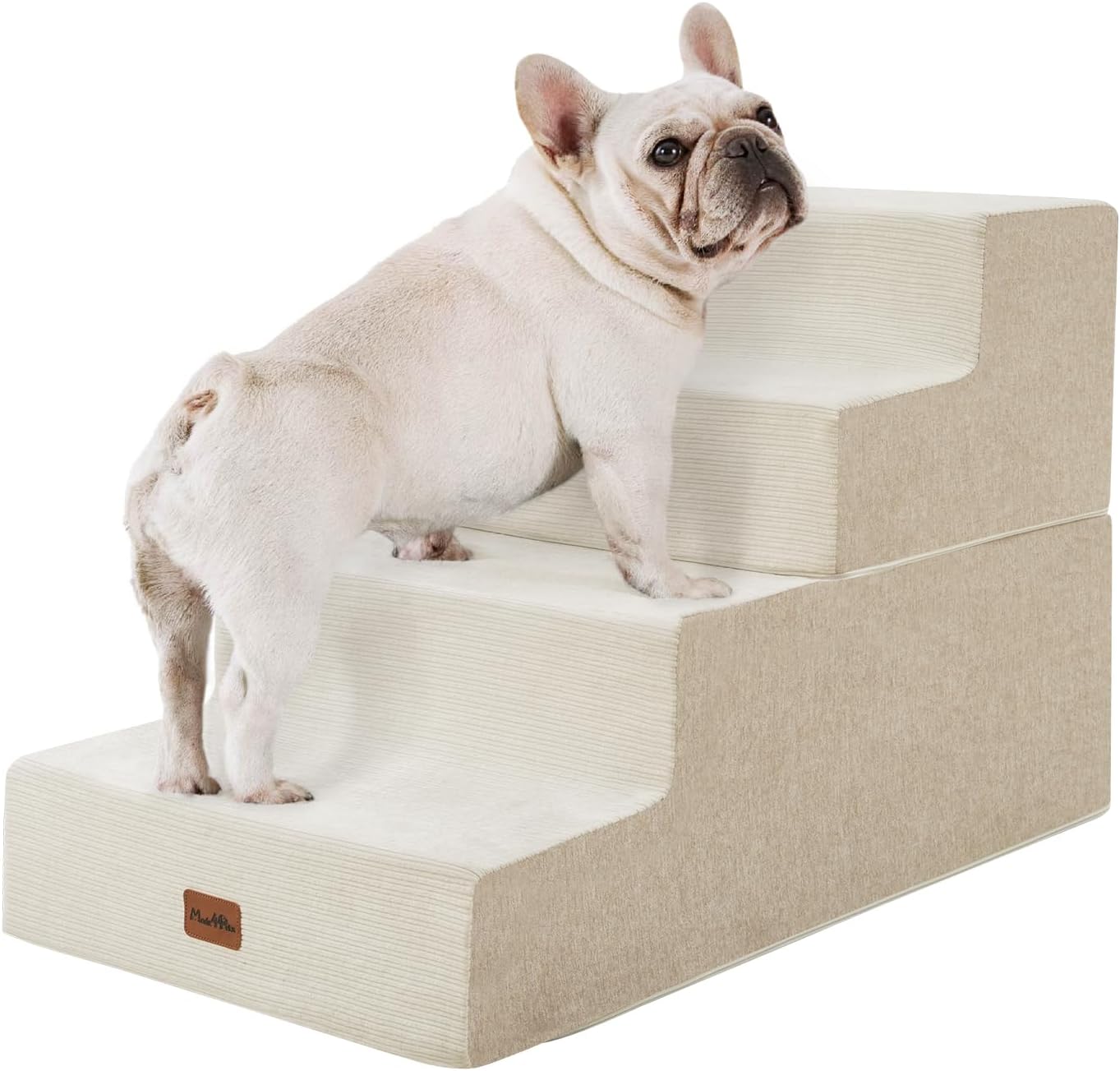 Made4Pets Dog Steps for Bed, Extra Wide Dog Stairs for High Bed Couch Sofa, 35D Foam Pet Steps for Small Dogs and Cats, Non-Slip Bottom Pet Stairs, Beige, 4 Steps