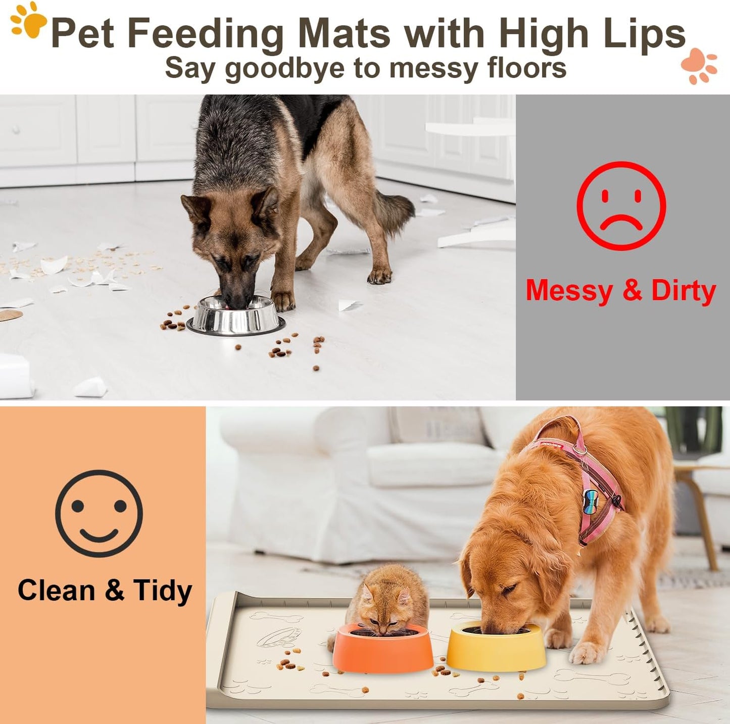 Silicone Dog Feeding Mat - 36" x 24" Large Pet Mat with Residue Collection Pocket and High Edges - Waterproof Mat for Dog and Cat Bowls
