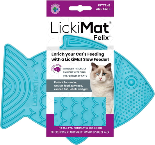 LickiMat Felix, Fish-Shaped Cat Slow Feeders Lick Mat, Boredom Anxiety Reducer; Perfect for Food, Treats, Yogurt, or Peanut Butter. Fun Alternative to a Slow Feed Cat Bowl or Dish, Turquoise