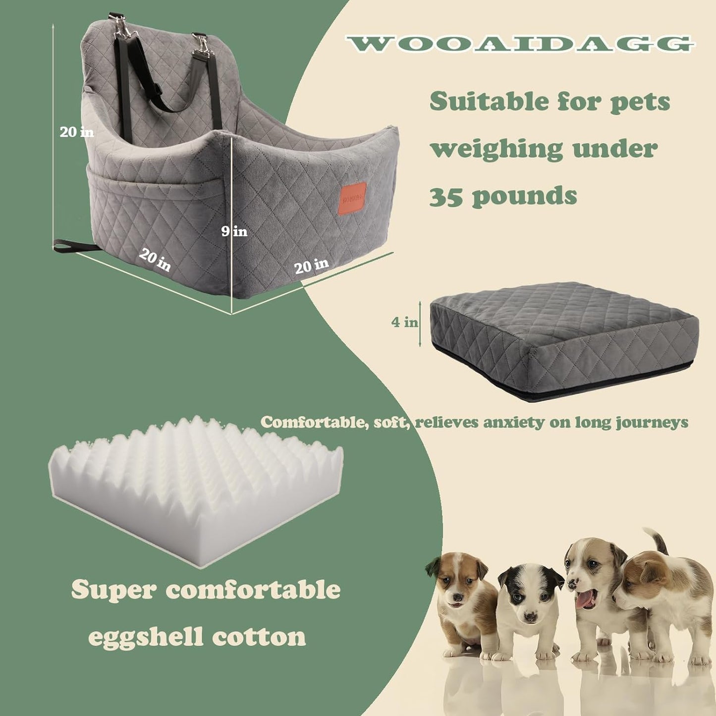 Dog Car Seat for Medium Sized Dog,Pet Travel Car Bed with Seat Belt Channle,Fully Detachable and Washable Car Dog Seat with Adjustable Straps,3 Straps Easy to Install (Grey)