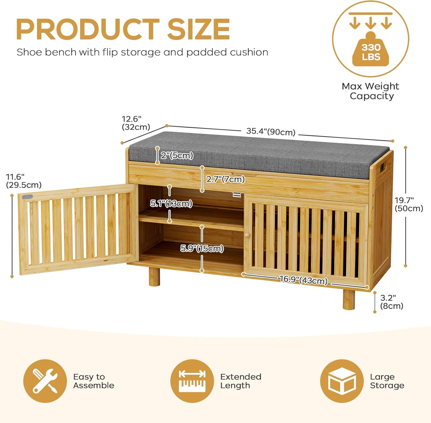 Shoe Storage Bench, Bamboo Entryway Bench with 2 Doors & Padded Seat Cushion, 35.4" W x 12.6" D x 19.7" H, 2-Tier Shoe Rack with Lift Top Hidden Storage, for Entryway, Living Room, Bedroom, Natural