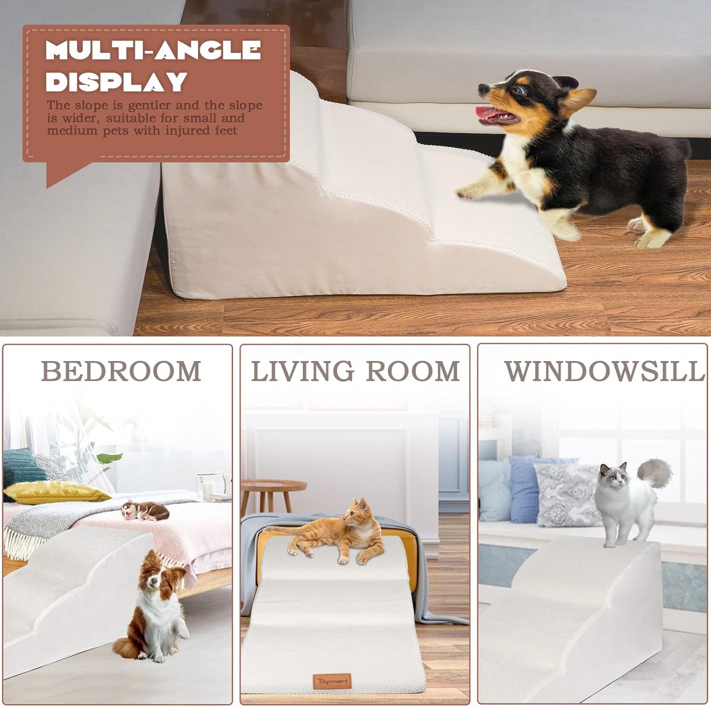 Topmart High Density Extended Foam Dog Ramp&Steps 3 Tiers,15.7" High,Non-Slip Dog Stairs with Waterproof Cover,Soft Foam Pet Ladder,Best for Injured,Older Cats,Pets with Joint Pain