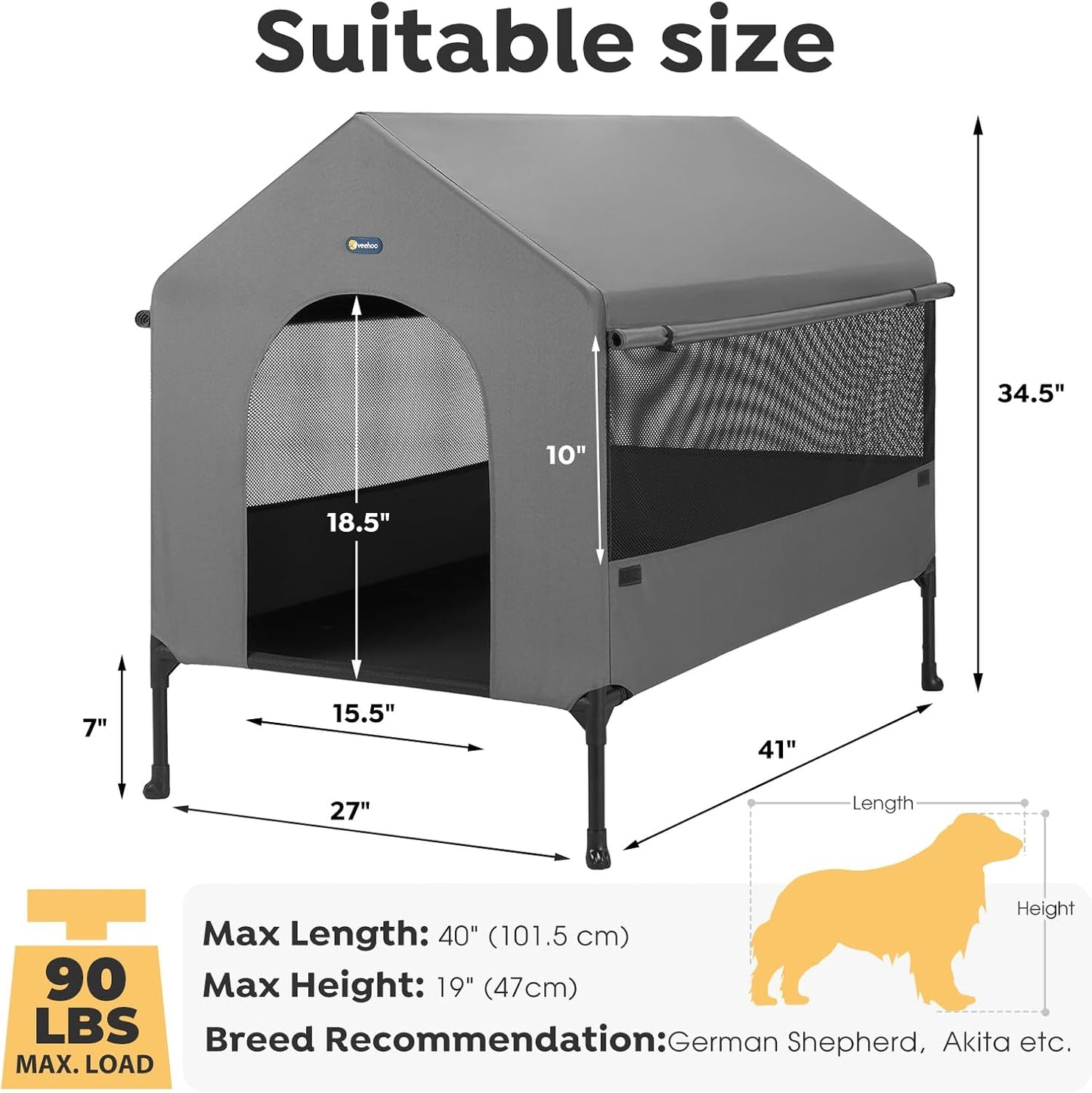 Veehoo 41" Dog House, 2-in-1 Large Dog House Outdoor Indoor Weatherproof, Outside Elevated Dog Cot Bed Dog Tent Shade, Three-Sided Breathable Mesh Windows and Sunshades, CWC2435CP