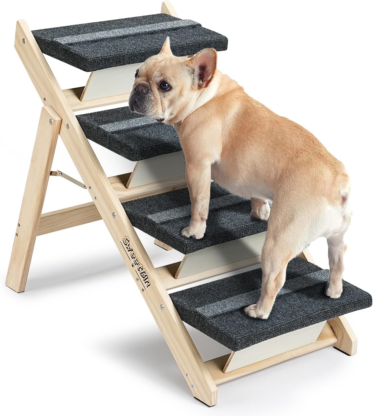 Wood Pet Stairs/Pet Steps for All Dogs and Cats - 2-in-1 Foldable Carpeted 4 Tiers Dog Stairs & Ramp Perfect for Beds and Cars - Portable Dog/Cat Ladder Up to 150 Pounds