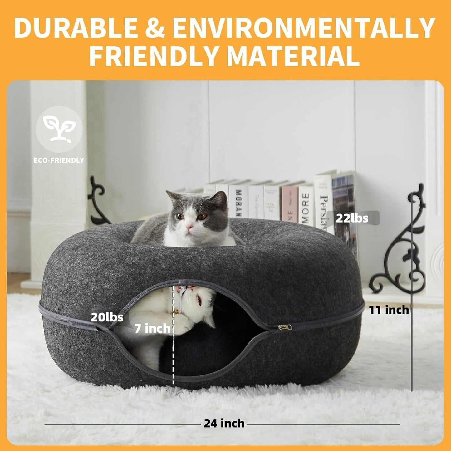 Jia Xi Indoor Cat Hideout, Donut Cat Bed, Universal for All Seasons Cat Condo and Cat Cave (24 in * 24 in * 11 in) Dark Grey