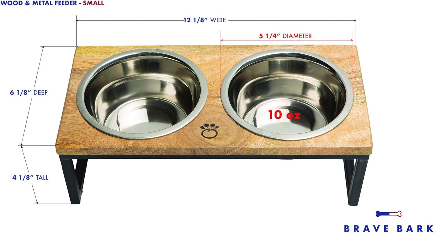 Mango Wood Dog Bowl Stand - Elevated Pet Feeder with 2 Stainless Steel Bowls - Raised Food and Water Dish Set for Dogs and Cats, Available in 4 Sizes, Pet Dining Station, Small/10oz