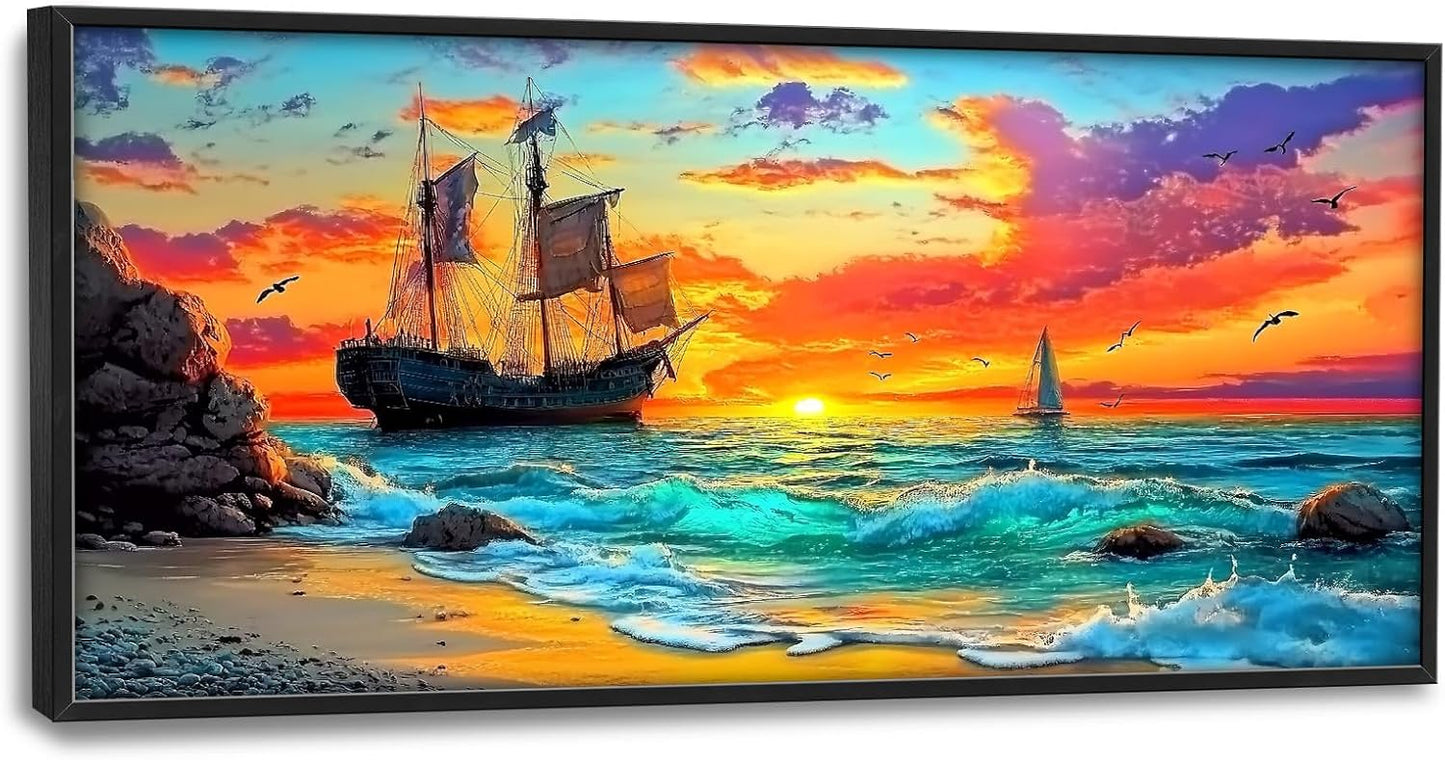 Framed Large Ship Wall Art for Living Room, Oversized Coastal Beach Boat Wall Decor Nautical Seascape Sailboat Canvas Painting Modern Artwork Home Decoration for Living Room Bedroom 60"x30"