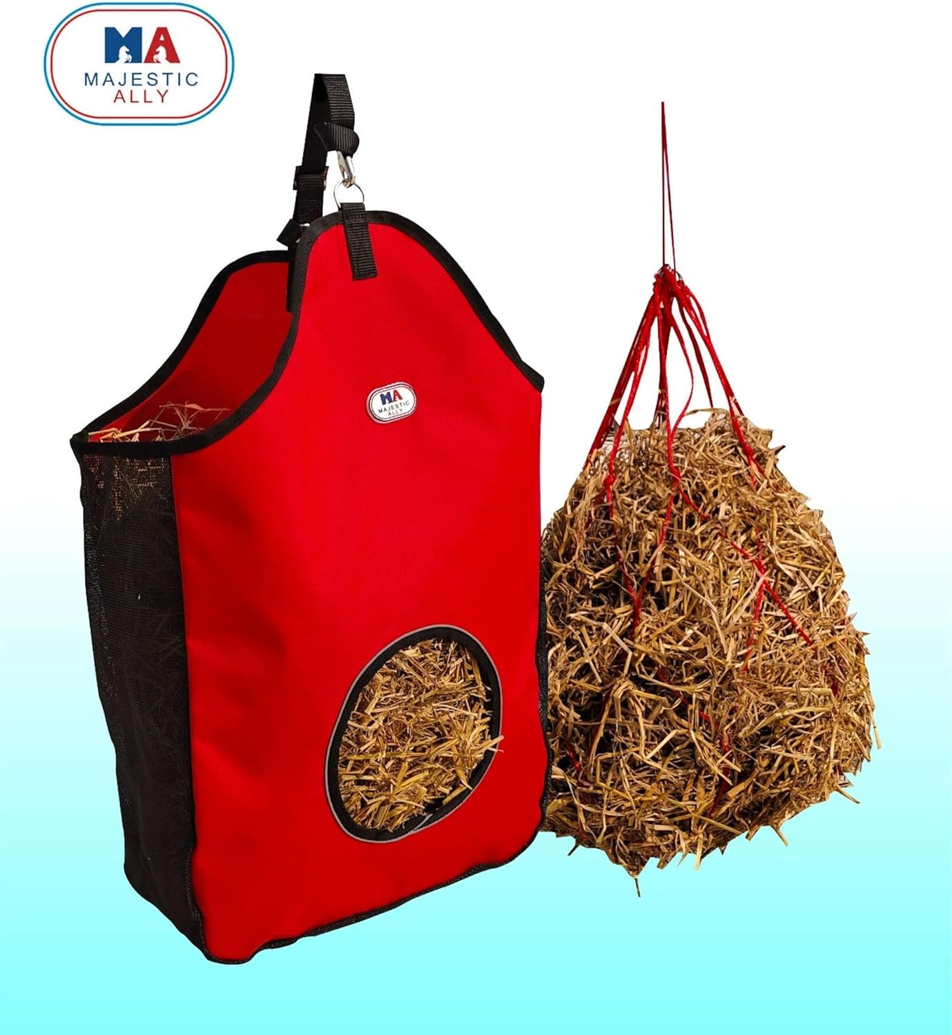 Majestic Ally 1200 D Hay Feeder Tote Bag for Horses, Sheep with Reflective Trim- Reduces Waste - Comes with 36” Hay Net. (Red)