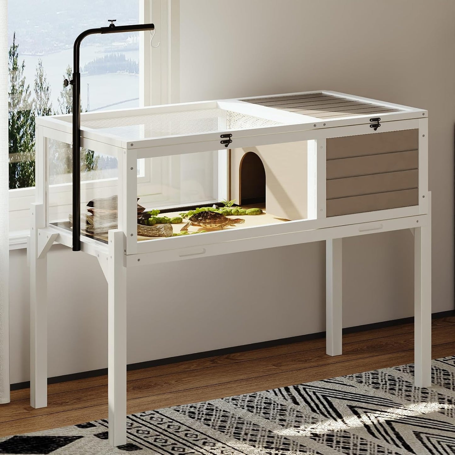 Tortoise Habitat with Adjustable Lamp Holder, Turtle Enclosure Indoor/Outdoor, Wooden House for Small Animals, Large Reptile Terrarium Table with Detachable Legs (New White)