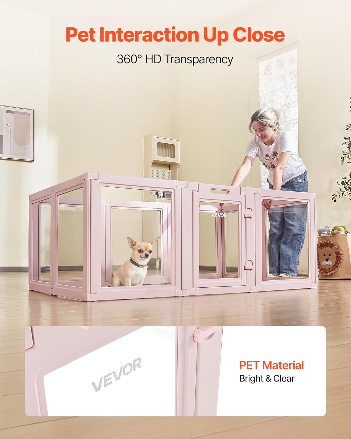 VEVOR Clear Acrylic Dog Playpen Indoor, 60x39x23 in Plastic Pet Playen for Medium Sized Dogs, Easy Assemble Waterproof Transparent Puppy Playpen, Easy to Clean, Durable Indoor Pet Dogs Cats Birth Kit