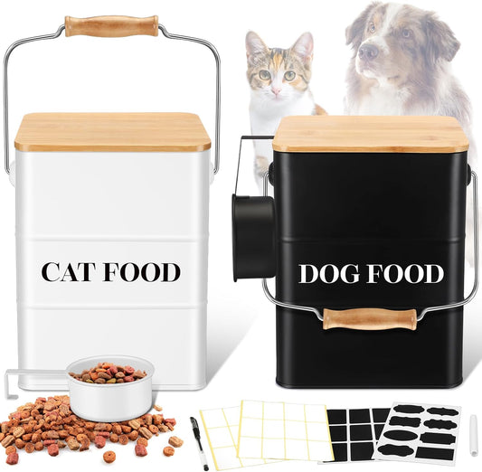 Tioncy 2 Pcs Metal Dog and Cat Food Storage Containers Big Pet Food Containers with Bamboo Lids and Spoon Airtight 5-7 Lbs Dog Cat Treat Snack Jars with DIY Labels for Kitchen Counter(White,Black)