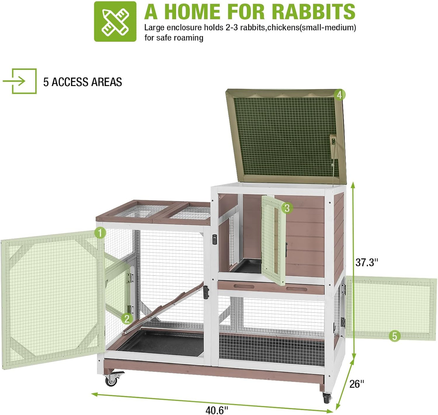 GUTINNEEN Rabbit Hutch Indoor Rabbit Cage with Wheels Outdoor Bunny House 2 Story Guinea Pig Cage with Leakproof Tarp Roof