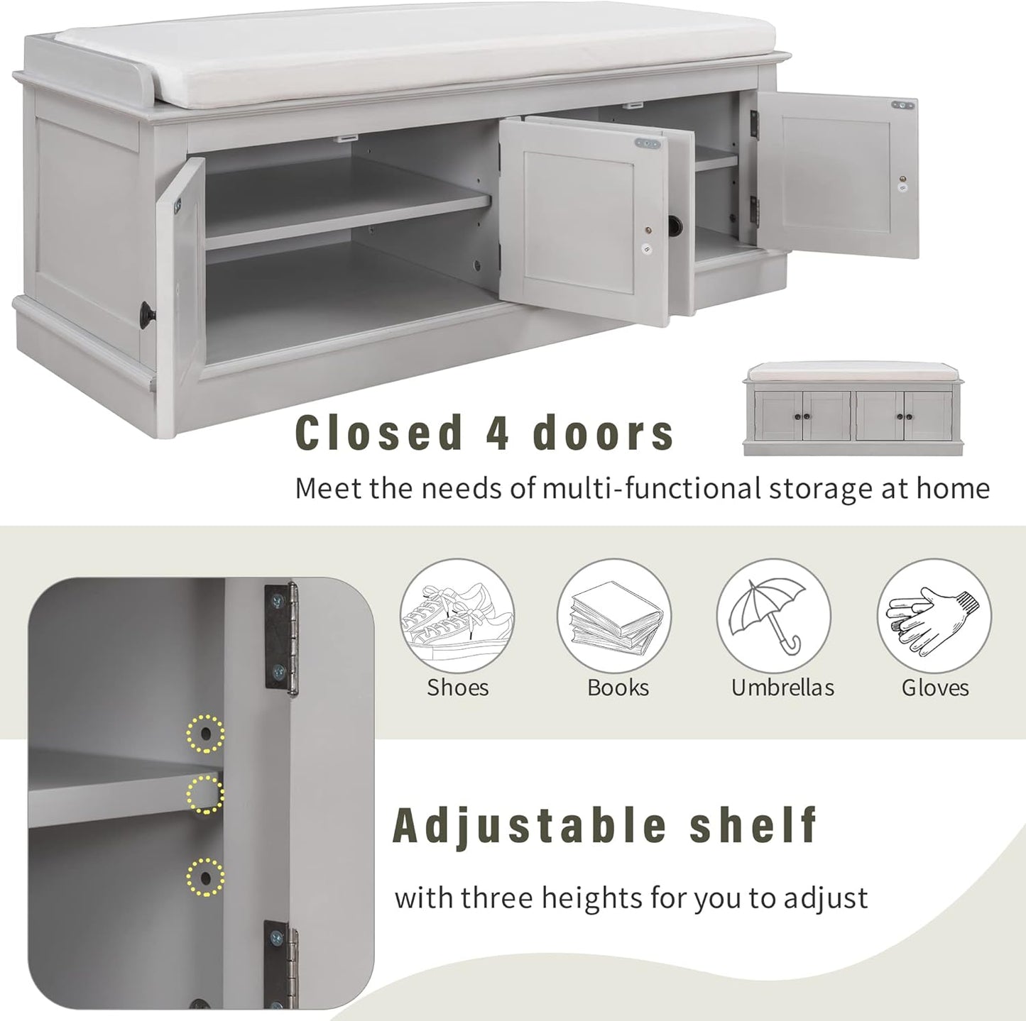 Storage Bench with 4 Doors and Adjustable Shelves, Shoe Bench with Removable Cushion for Living Room, Entryway 42.7" L x 16" W x 17.4" H (Gray Wash)
