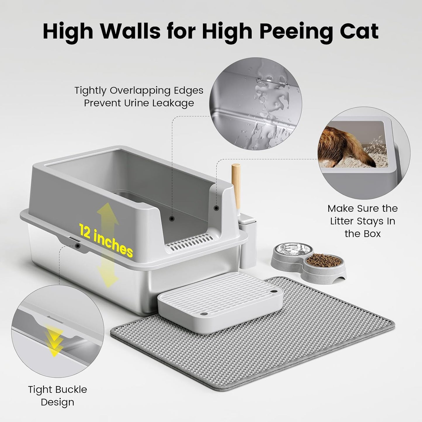 Stainless Steel Cat Litter Box - Enclosed XL Metal Kitty Litter Box with Lid for Big Cats, High Sided, Anti-Leakage, Easy Cleaning, Non-Sticky, Included Litter Mat, Cat Bowl & Spoon