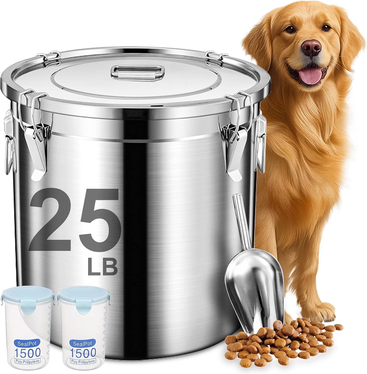 Dog Food Storage Containers, Large Stainless Steel Pet Food Storage Containers 25 lb / 11.5 kg to Keep Fresh, Metal Airtight Cat Food Containers With Scoop and 2 Small Containers