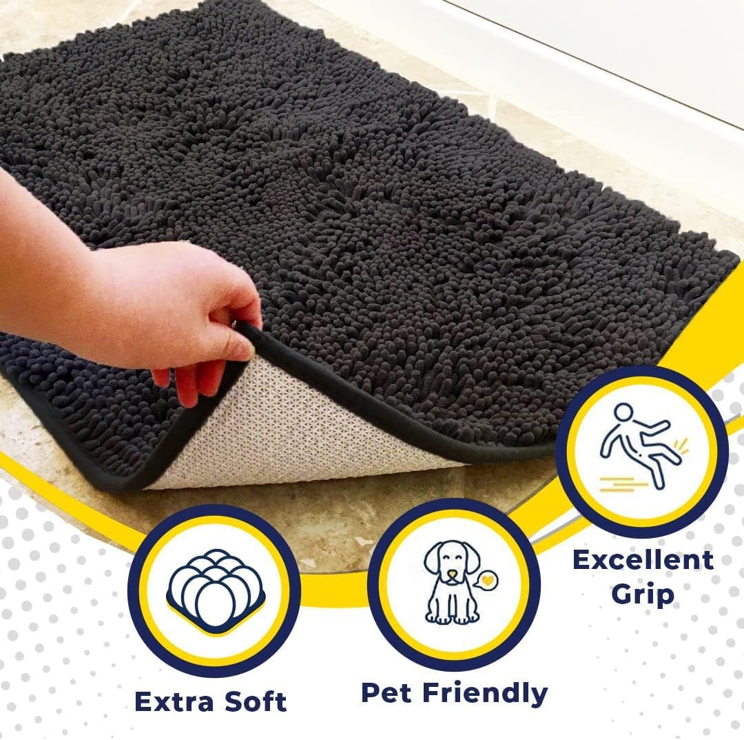 Muddy Mat® AS-SEEN-ON-TV Highly Absorbent Microfiber Door Mat and Pet Rug, Non Slip Thick Washable Area and Bath Mat Soft Chenille for Kitchen Bathroom Bedroom Indoor and Outdoor - Charcoal 24" x 120"
