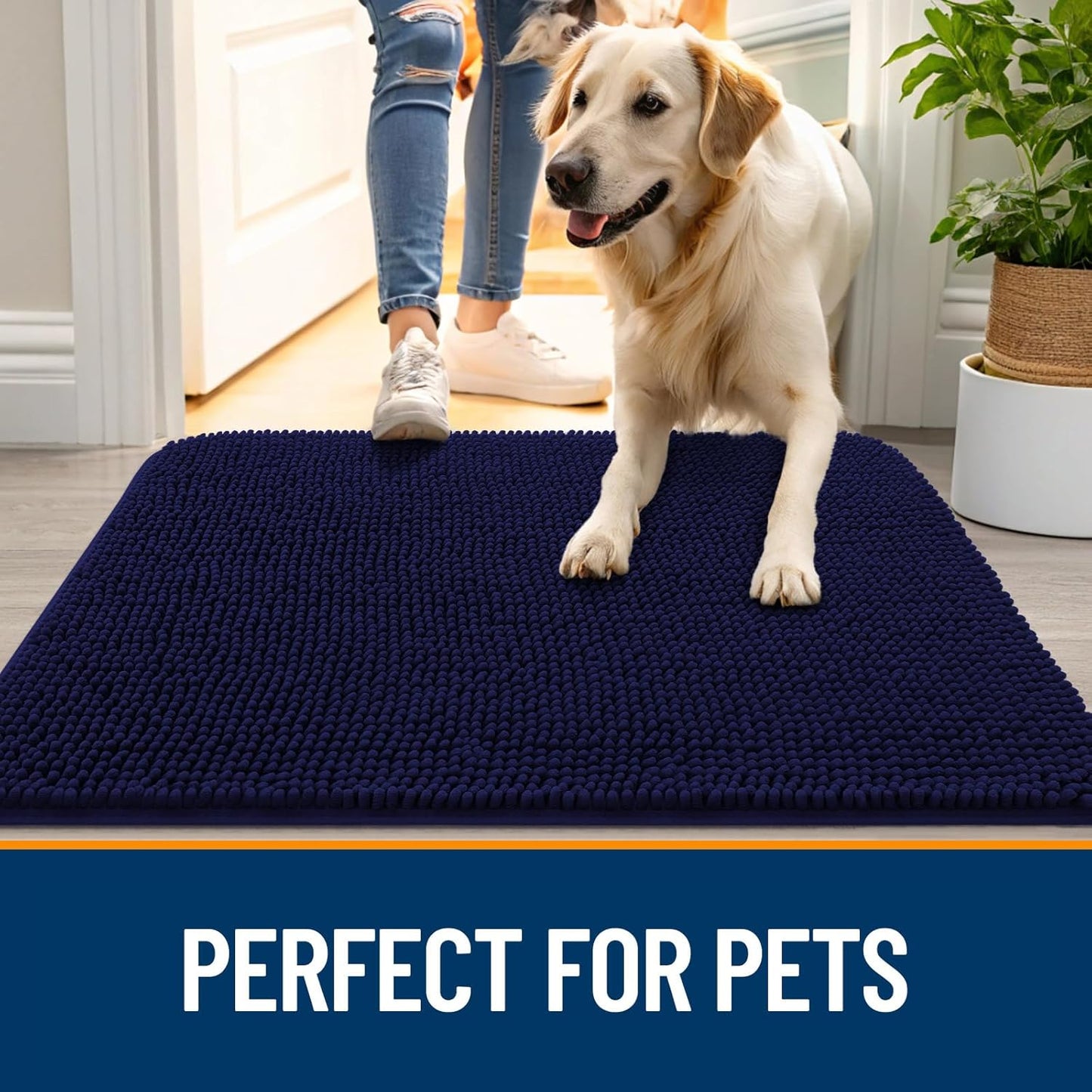 OLANLY Dog Door Mat for Muddy Paws 40x32, Absorbs Moisture and Dirt, Absorbent Non-Slip Washable Doormat, Quick Dry Chenille Mud Mat for Dogs, Entry Indoor Entryway Carpet for Inside Floor, Navy Blue