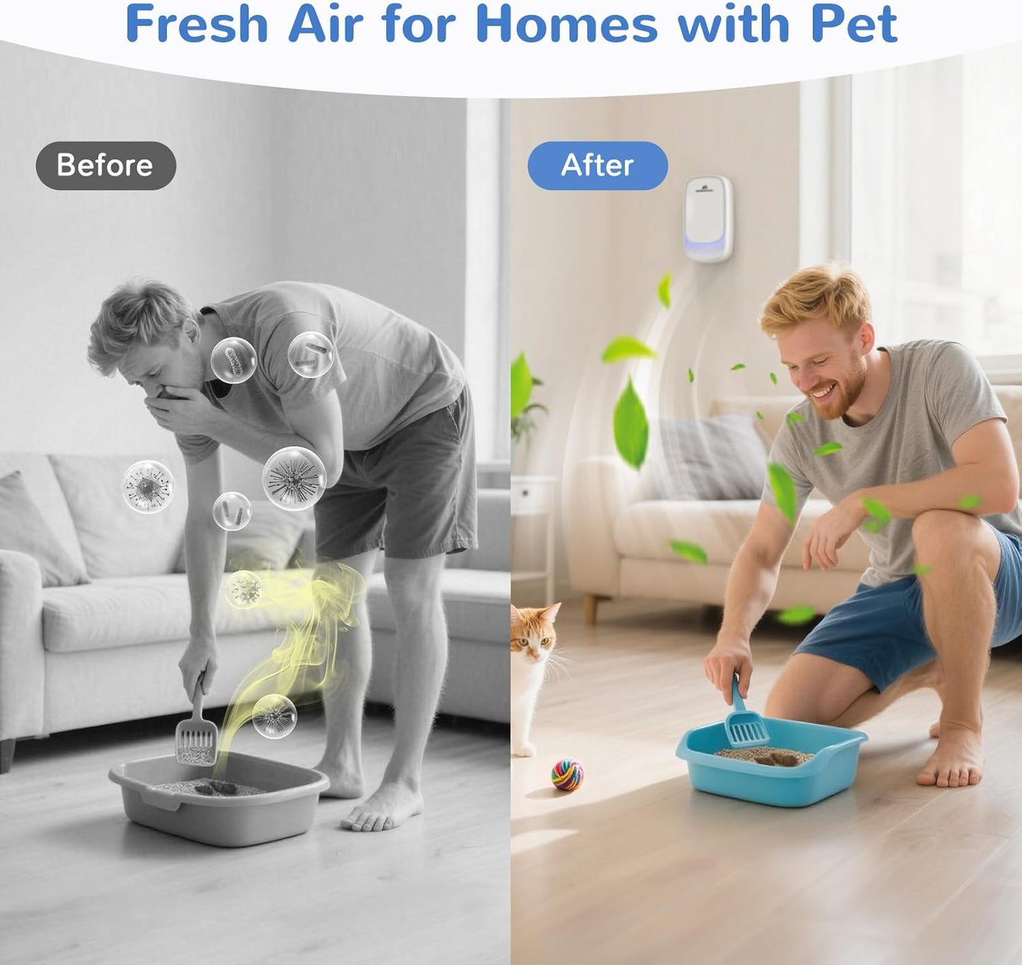 Cat Litter Deodorizer – 99% Odor Eliminator for Strong Pet Odors, Plug In Negative Ion Air Purifier for Litter Box, Home, Kitchen, Bathroom, Ozone-Free & Quiet Portable