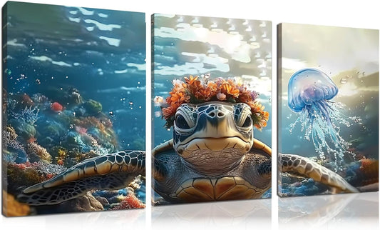Wivsev Sea Turtle Canvas Wall Art,Under Sea Wall Art,Sea Life Pictures Wall Decor,Ocean Animal Painting for Bathroom,Living Room,Bedroom (16" x 24" x 3 pcs)