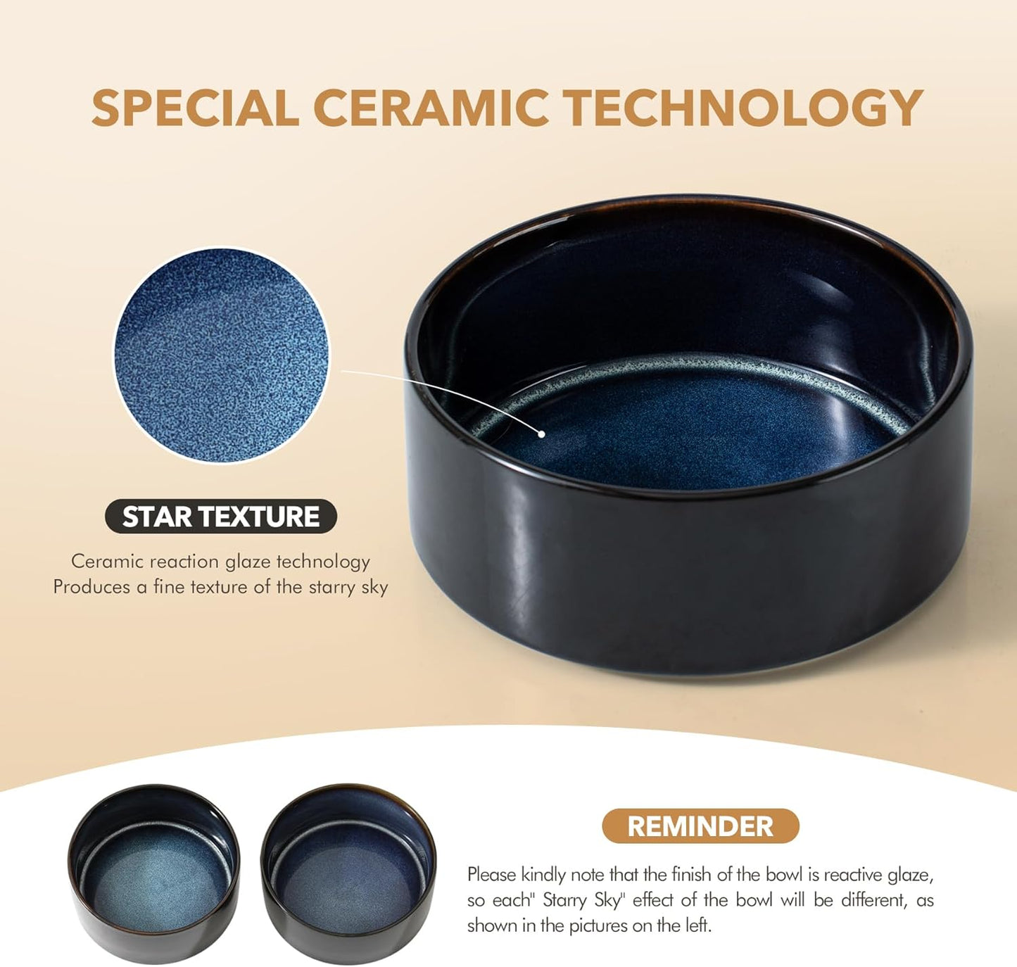 Ceramic 5.1inch Raised Double Bowls Set with Acacia Wood Stand, 2 Heights Elevated, Food & Water Bowls for Puppy, Kitty, Cats(13.5oz, Starry Sky)