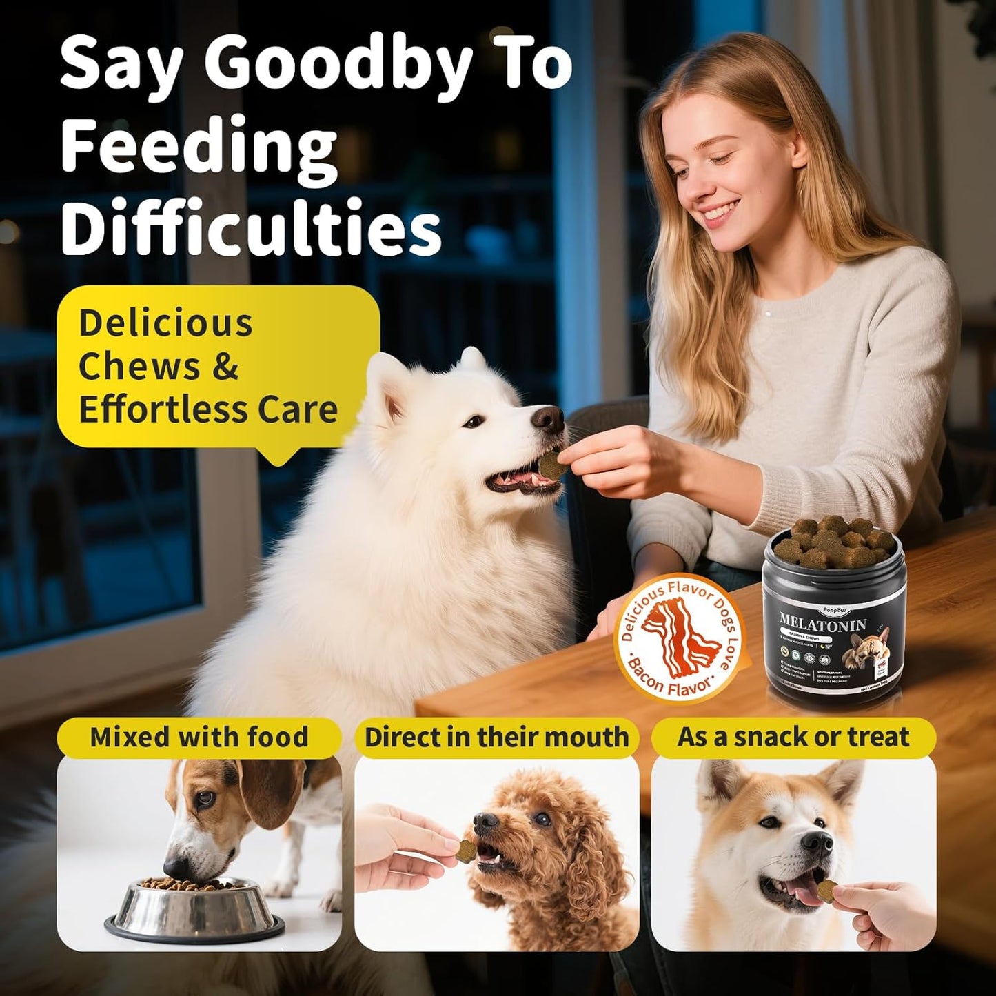 Melatonin for Dogs, Calming Chews with Valerian Root & L-Theanine for Sleep Aid & Emotional Support, Calming Treats for Stress Anxiety Relief, Thunder, Fireworks, Barking, Chicken Flavor, 90Ct