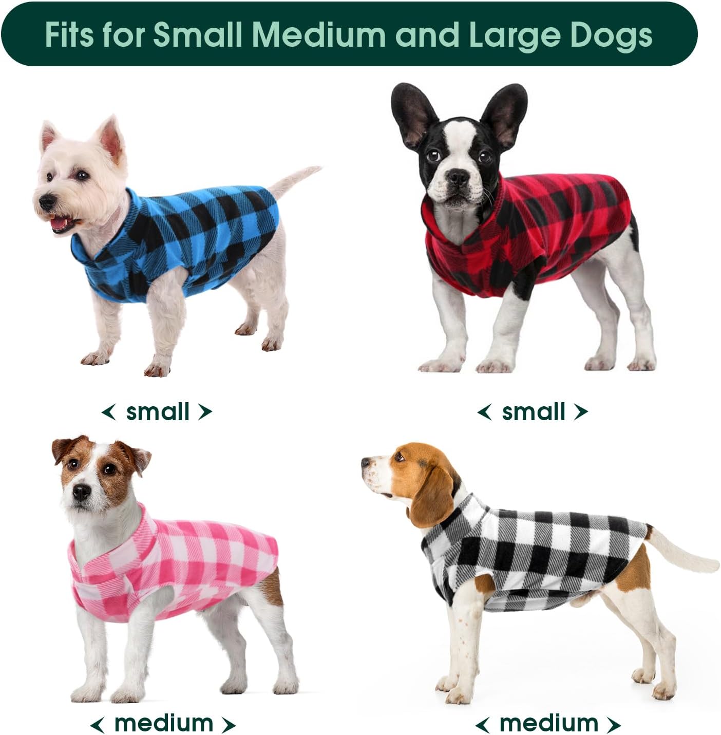 Kuoser 4 Pack Dog Fleece Vest,Warm Plaid Dog Sweater with Leash Hole,Soft Turtleneck Winter Pet Jacket Dogs Coat Pullover for Small Medium Dogs Cats,Spring Fall Cold Weather Christmas Outfit, XS
