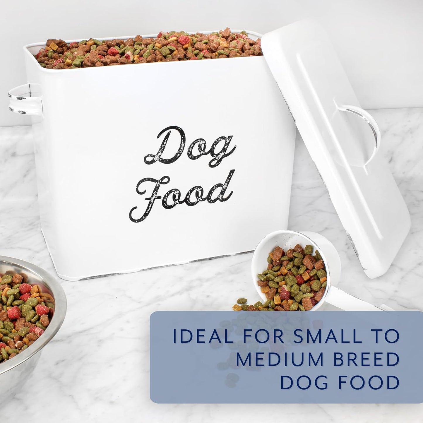 AuldHome Rustic Dog Food Canister; White Farmhouse Style Storage Bin for Small Dogs