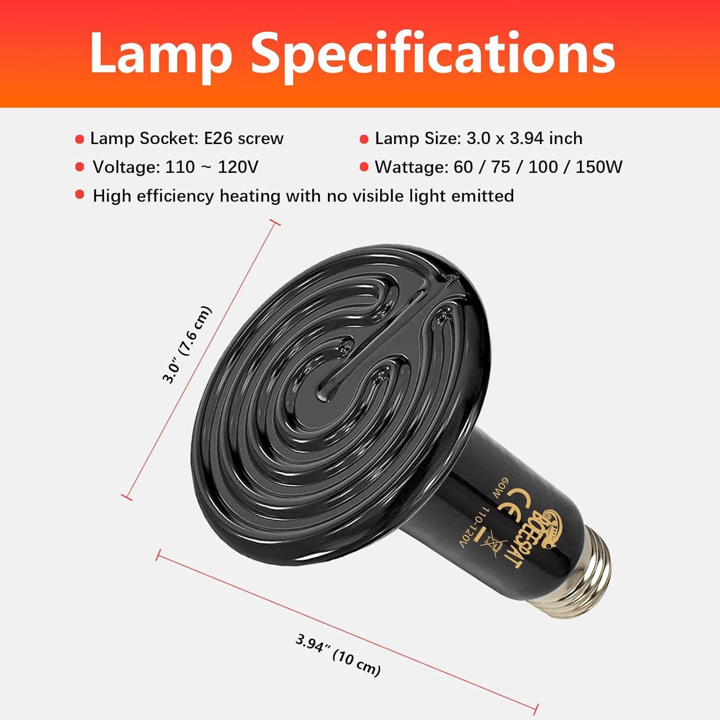 100W Ceramic Heat Emitter for Day and Night Use, Pack of 2 Reptile Basking Heat Lamp for Bearded Dragon, Lizard, Iguana & Amphibians (Black, 100 Watts)