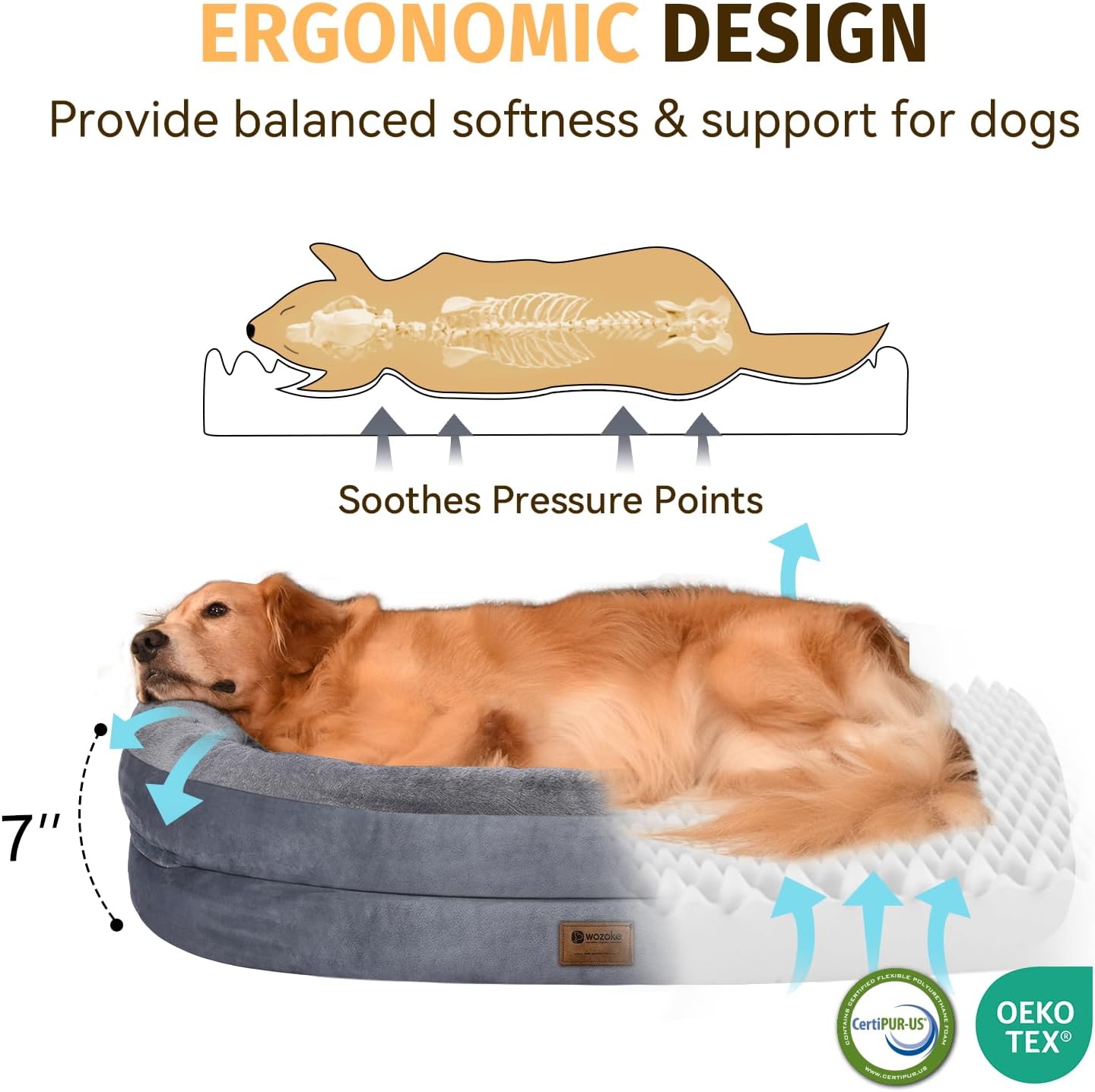 Orthopedic Waterproof Large Dog Bed: Washable Dog Bed with Bolsters - Removable Orthopedic Cover for Medium L XL Large Sized Pet - Non-Slip