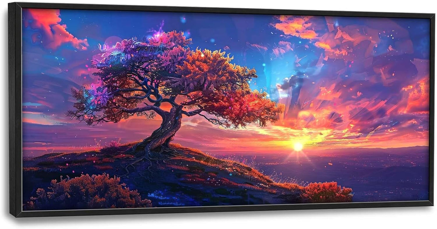 Quorin Tree Large Wall Art Sunset Mountain Landscape Pictures Red Tree of Life Wall Decor Nature Canvas Print Painting Artwork for Bathroom Living Room Bedroom 60L x 30W