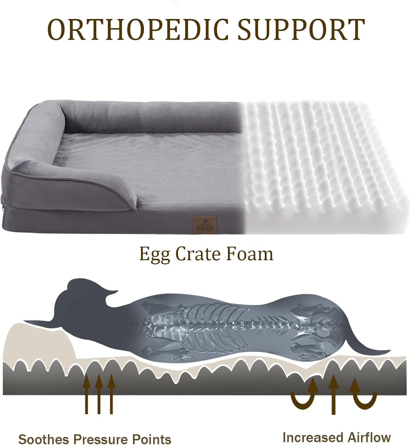 Bedfolks Orthopedic Dog Bed, Waterproof Dog Sofa Bed for Small Dogs & Cats, Egg Foam Pet Couch Bed with Removable Washable Cover and Nonslip Bottom, Dark Grey