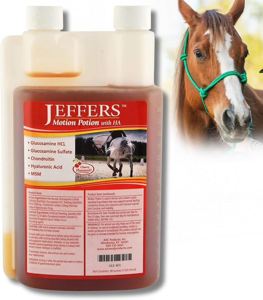 Jeffers Equine Motion Potion Liquid Horse Joint Supplement with HA, Cherry Flavor – Glucosamine, MSM, Chondroitin, Hyaluronic Acid – Mobility Support for Horses – 38 oz Bottle – Up to 38 Servings