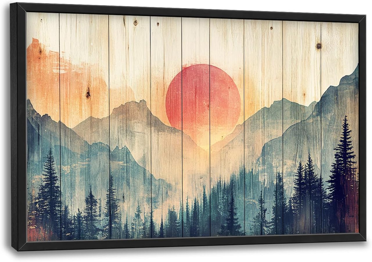 Framed Large Cabin Mountain Wall Art for Living Room, Oversized Rustic Forest Wall Decor, Rustic Nature Landscape Canvas Painting Sunset Pictures Home Decoration for Bedroom Office 36"x24"