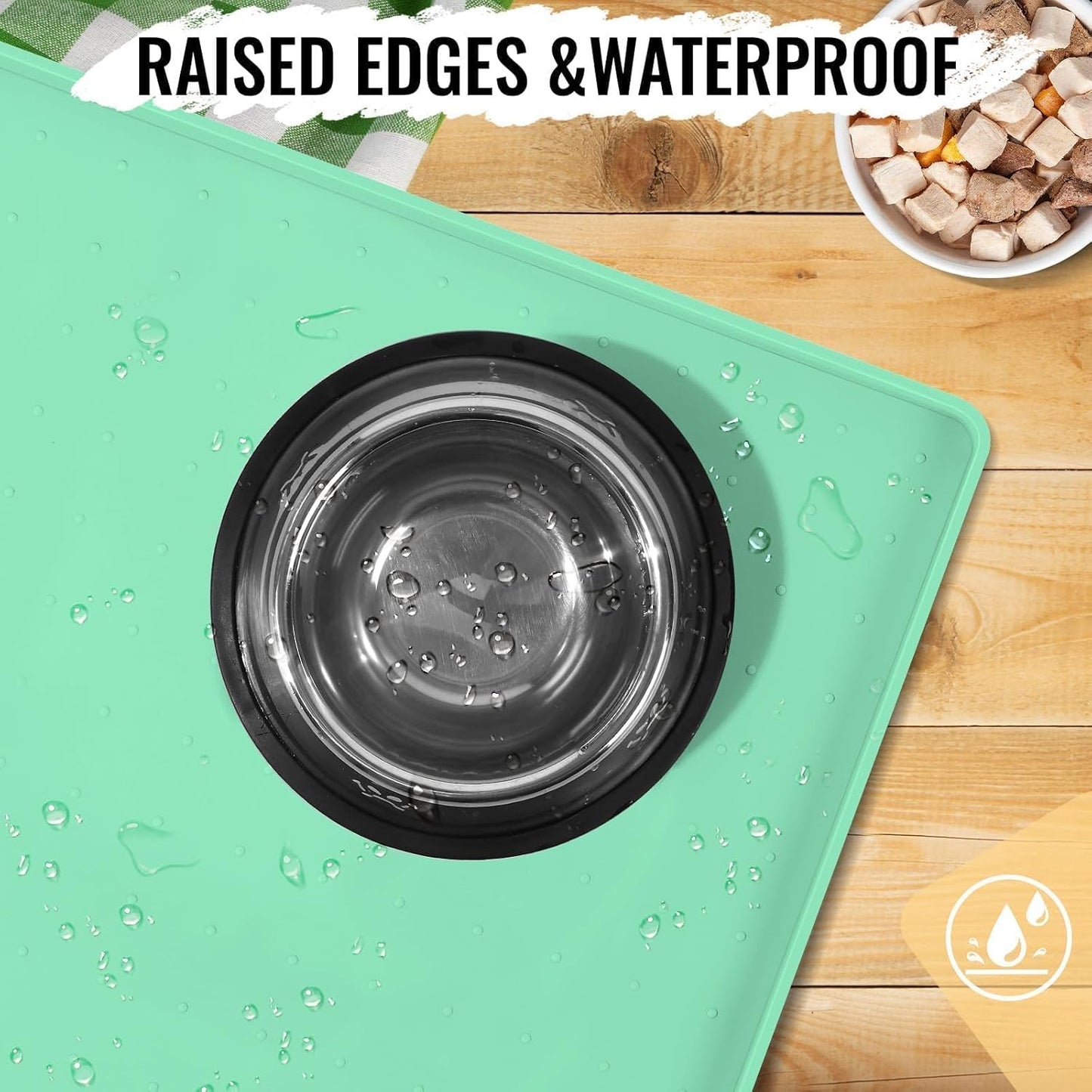 MateeyLife Dog & Cat Food Mat - Waterproof, Nonslip Dog Bowl Mats with Raised Edges, Silicone Matt Tray for Messy Drinkers, 22"x14", MintGreen