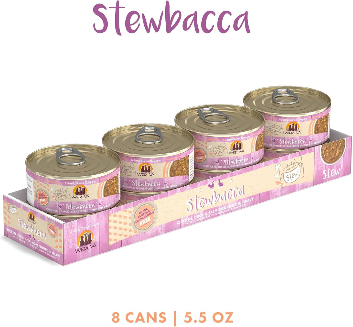 Weruva Classic Cat Stews!, Stewbacca with Chicken, Duck & Salmon in Gravy, 5.5oz Can (Pack of 8)